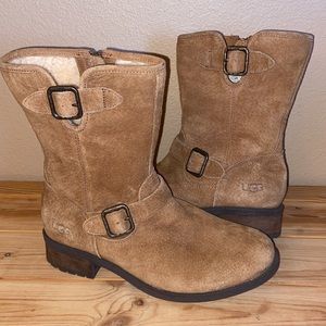 UGG Tan Suede Leather Midi Moto Winter Boots Size 8 Shearling Lined